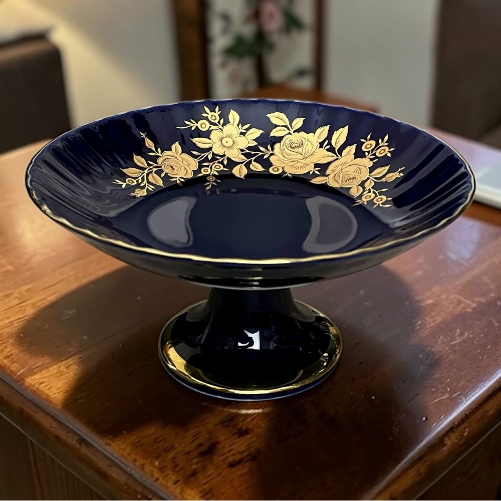 Echt Kobalt Wunsiedel Bavaria Porzellan 24K Gold Floral Footed Serving Plate